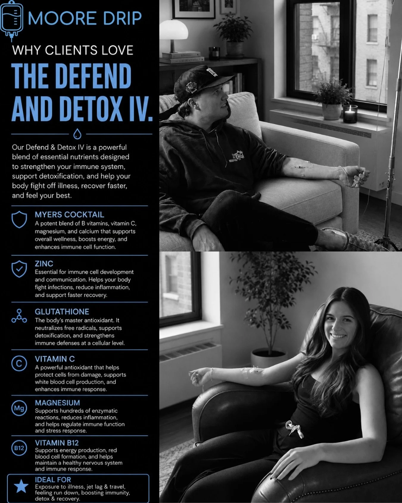 The Defend &amp; Detox IV combines a Myers Cocktail with zinc and glutathione to support immune function, antioxidant defenses, recovery, and overall wellness.

Featuring vitamin C, B vitamins, magnesium, zinc, and glutathione, this formula is design