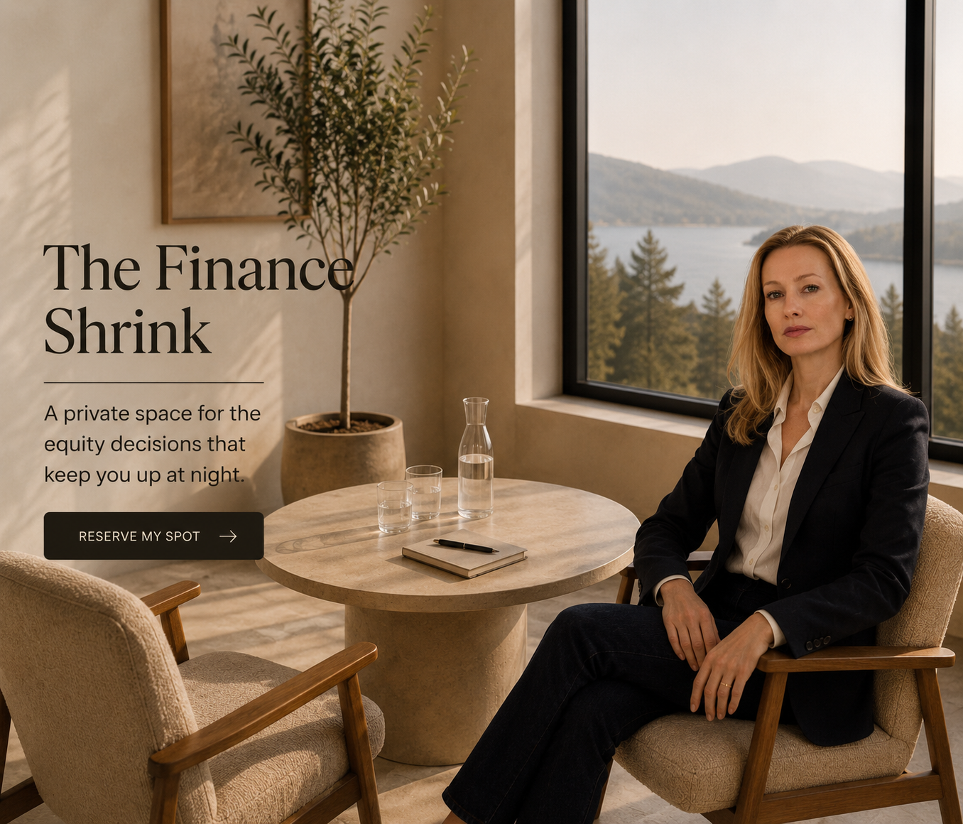 Une femme assise dans un bureau avec vue sur la nature, promotion d'un espace privé pour la prise de décisions financières.