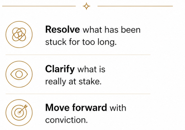 Conseils pour la résolution de problèmes : 1. Résoudre ce qui est bloqué depuis longtemps, 2. Clarifier ce qui est réellement en jeu, 3. Aller de l'avant avec conviction.