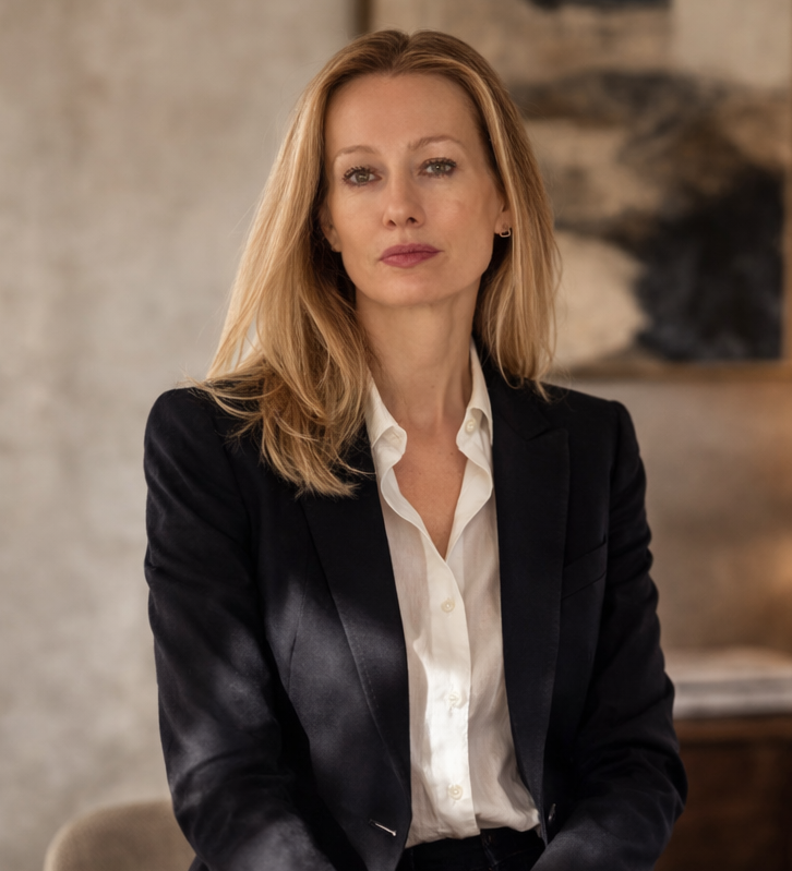 Femme aux cheveux blonds, habillée d'une veste noire et d'une chemise blanche, assise dans un intérieur moderne.