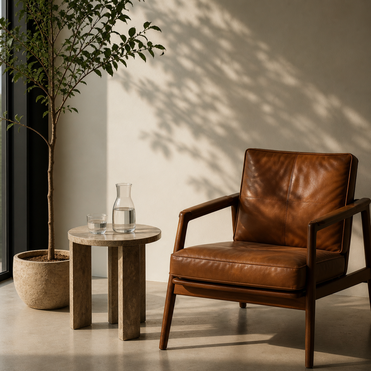 Une pièce avec un fauteuil en cuir marron, une petite table en pierre avec un verre d'eau et unpichet d'eau, une grande plante en pot et un mur blanc avec des ombres de feuilles. La scène est éclairée par la lumière naturelle.