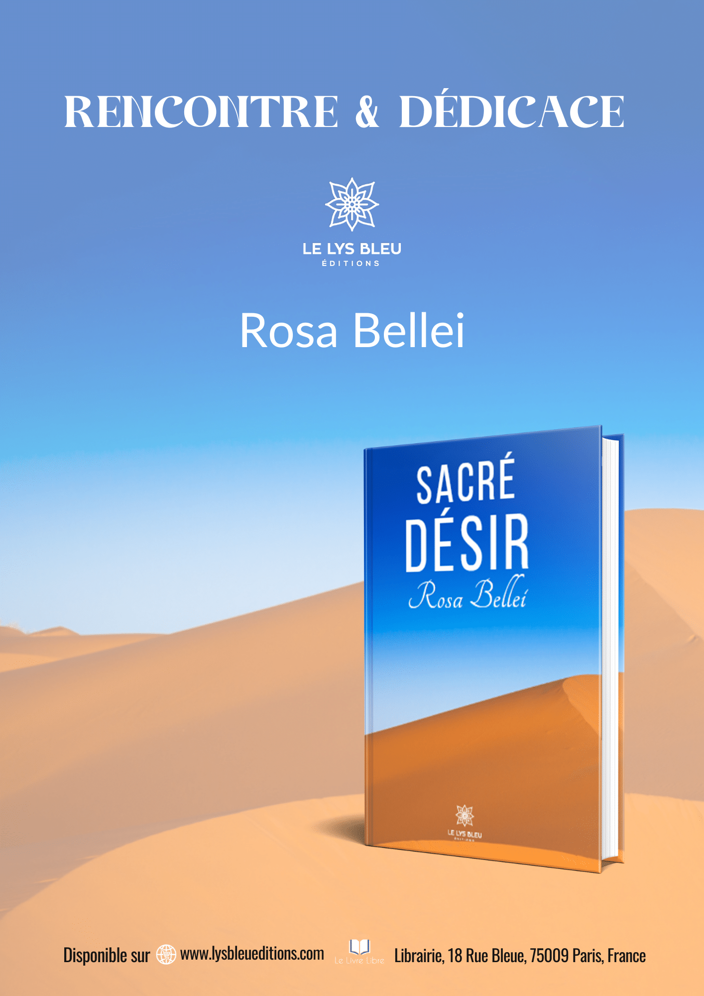 Couverture du livre intitulé 'Sacré Désir' de Rosa Bellei, avec le logo de l'éditeur 'Le Lys Bleu Éditions'.