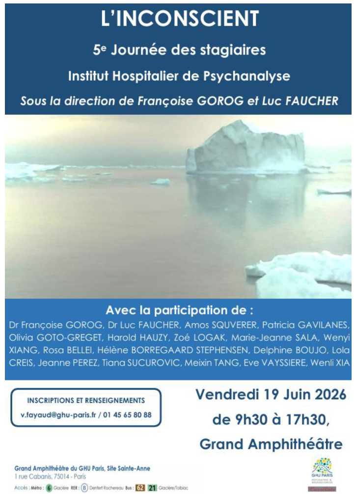Affiche d'une conférence intitulée "L'INCONSCIENT" organisée par l'Institut Hospitalier de Psychanalyse, le 19 juin 2026, à Paris, avec une image d'un iceberg dans l'océan.