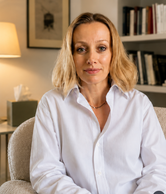 Une femme aux cheveux blonds, portant une chemise blanche, assise dans un salon avec une bibliothèque en arrière-plan.