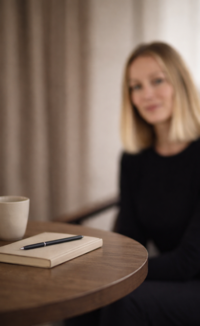 Une femme blonde assise à une table en bois, avec un carnet, un stylo et une tasse sur la table, dans une pièce avec des rideaux en arrière-plan.