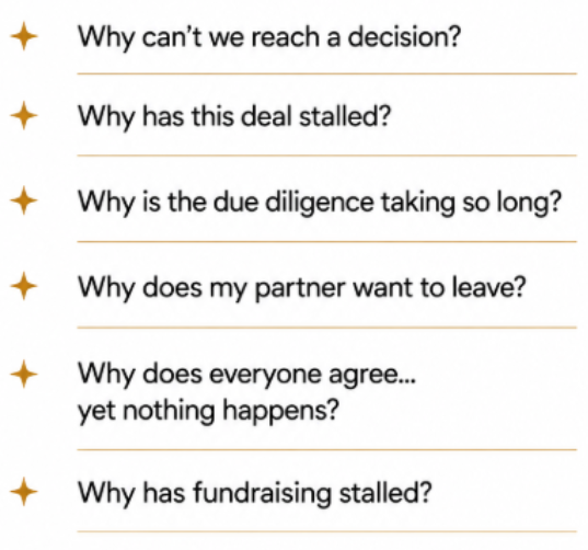 Liste de questions liées à des retards et des décisions dans des négociations ou des processus de financement, avec des symboles d'étoile à côté de chaque question.
