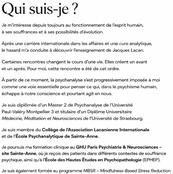 Texte en français présentant la biography d'une personne spécialisée en psychanalyse, médecine, méditation et neurosciences, avec mention de leur formation et affiliations professionnelles.