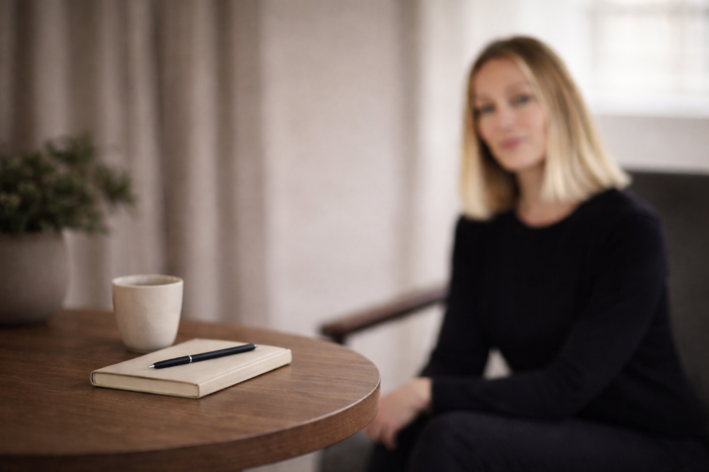Une femme assise à une table en bois avec un carnet, un stylo et une tasse, dans un intérieur lumineux.