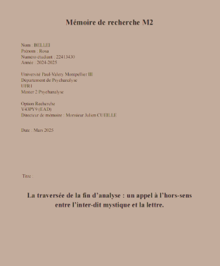 Page de mémoire de recherche M2 avec titre intitulé "La traversée de la fin d'analyse: un appel à l'hors-sens entre l'inter-diff musqiue et la lettre".