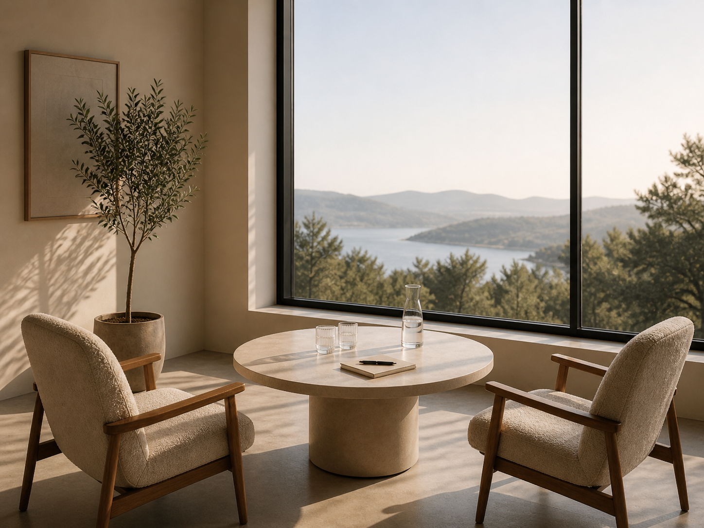 Salle de réunion minimaliste avec deux fauteuils en bois et tissu beige, une table ronde en pierre, une grande fenêtre offrant une vue sur un lac et des montagnes, une plante d'intérieur et un tableau vide sur le mur.