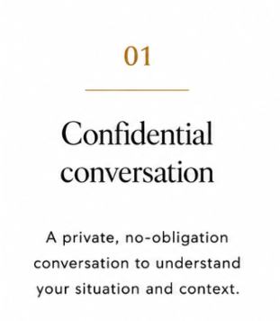 Page de texte avec le titre 'Confidential conversation' et la description 'Une conversation privée, sans obligation, pour comprendre votre situation et votre contexte'.