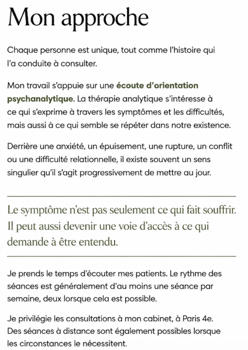 Page de texte en français parlant de l'approche thérapeutique psychosystémique et de l'importance de l'écoute psychologique, avec des conseils pour la pratique.