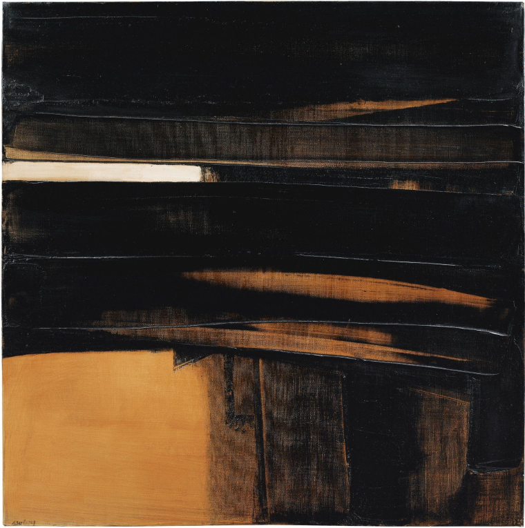 Peinture abstraite avec des bandes horizontales noires, brunes et une touche de blanc, avec une section orange en bas à gauche.