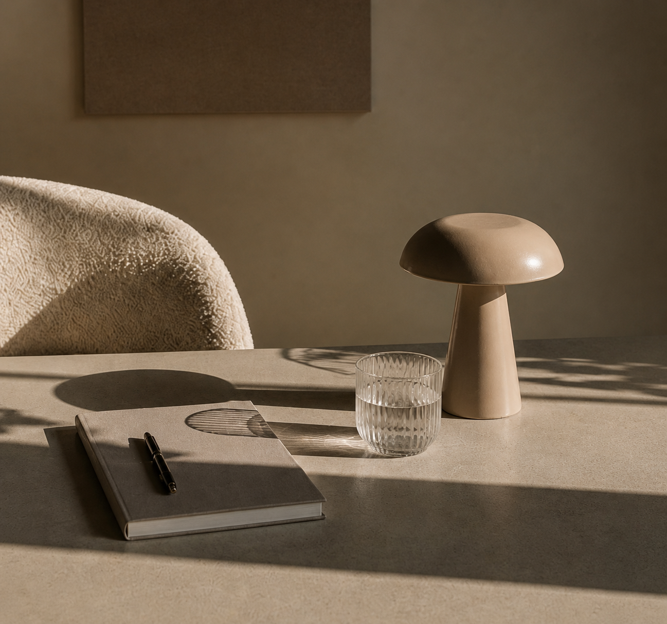 Une table beige claire avec un carnet, un stylo, un verre d'eau en verre gravé, une lampe en forme de champignon en céramique beige, et un fauteuil en textile crème, sous une lumière tamisée et des ombres longues.
