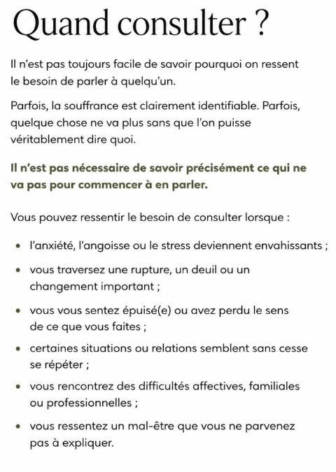 Un texte en français intitulé "Quand consulter ?" qui donne des conseils sur quand il est nécessaire de consulter en raison de diverses situations émotionnelles ou de stress.