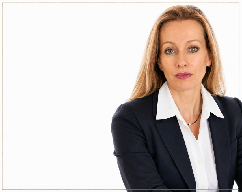 Femme d'affaires avec des cheveux roux portait une veste noire et une chemise blanche, regardant sérieusement.