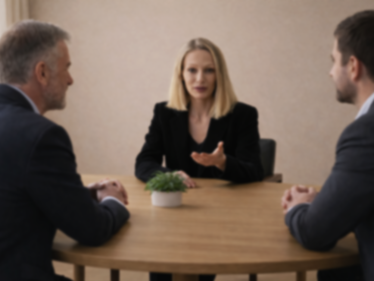 Une femme en costume noir en train de parler à deux hommes en costumes assis à une table.