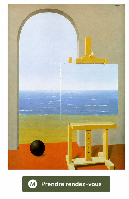 Peinture représentant une scène intérieure avec un tableau donnant sur la mer, un tableau-de-canva, une boule noire et une table en bois, dans un style minimaliste et abstrait.