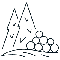 Icon representing Silviculture with the outline of two large pine trees in the background and a small stack of logs in the near round.