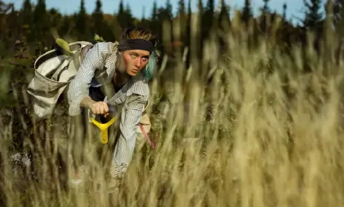 A women looks forward through the brush while bending over to plant a tree seedling, forest is in the distance in the background.