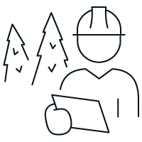 Icon of a hard hat wearing forestry worker with a clip board and outline of two trees in the backgound, representing forestry consulting.