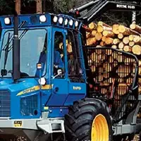 A Rottne Rapid 12-Tonne Forwarder operates in a clearing with a load of medium sized logs in the back and an arm extending to select more logs from on the ground nearby.