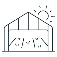 Icon of a greenhouse nursery with sun coming up in the distance.