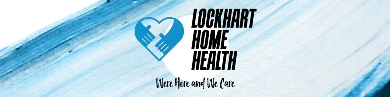 Lockhart Home Health logo featuring a heart-shaped icon with two hands holding it, and text reading "LOCKHART HOME HEALTH" with a tagline "We're Here and We Care" on a blue and white abstract background.