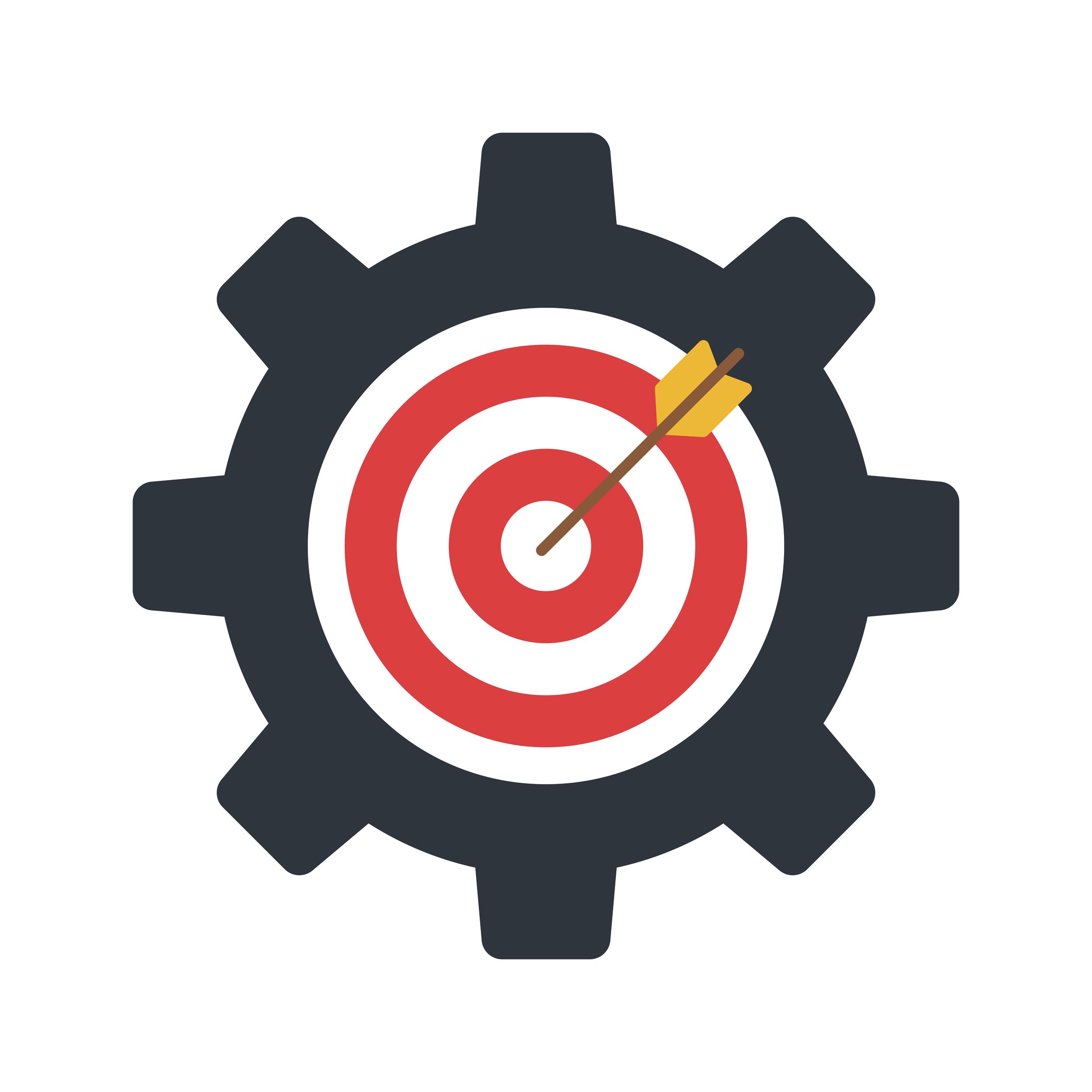 A gear with a bullseye target inside, and an arrow hitting the bullseye.
