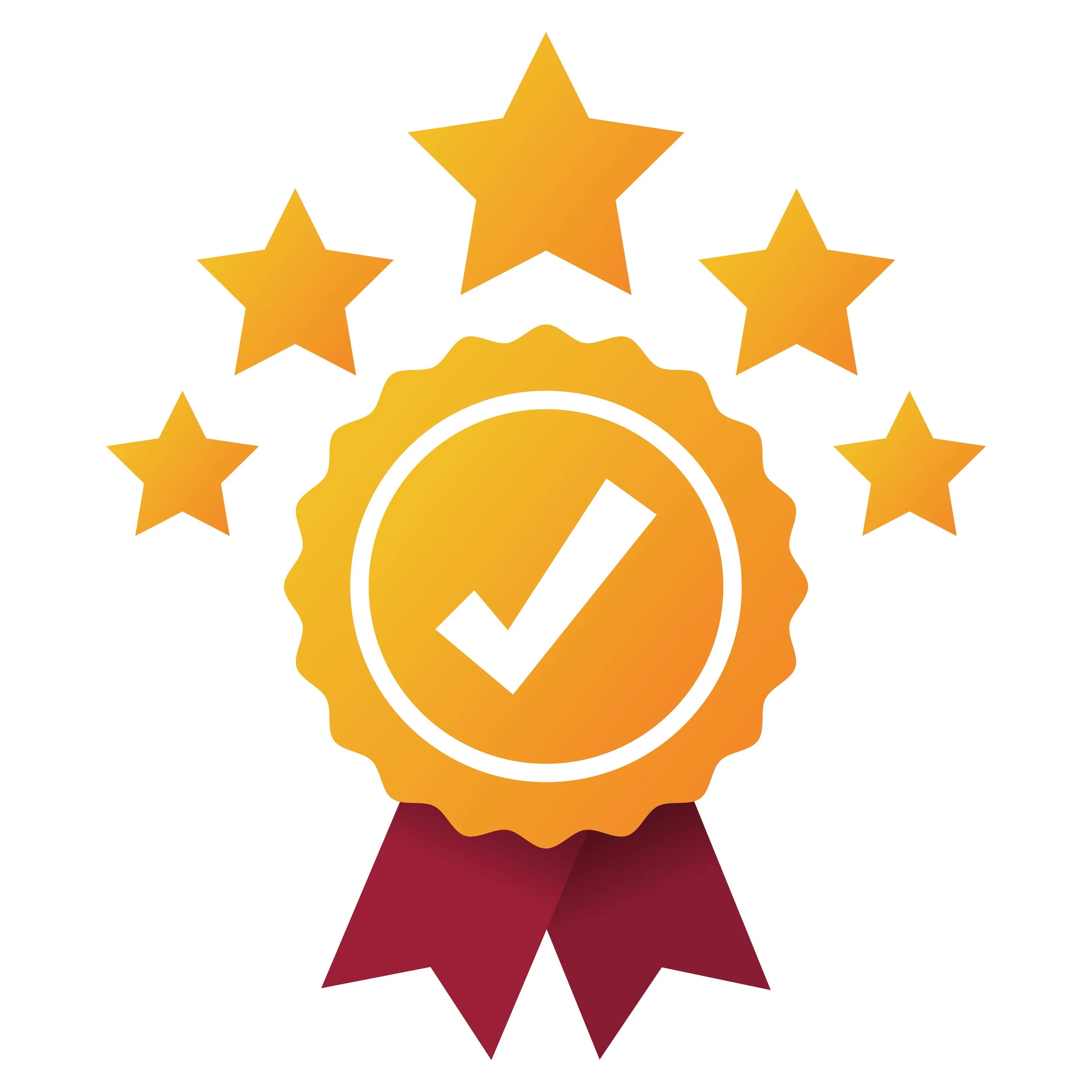 Gold badge with a checkmark in the center, surrounded by seven gold stars and two red ribbons at the bottom.