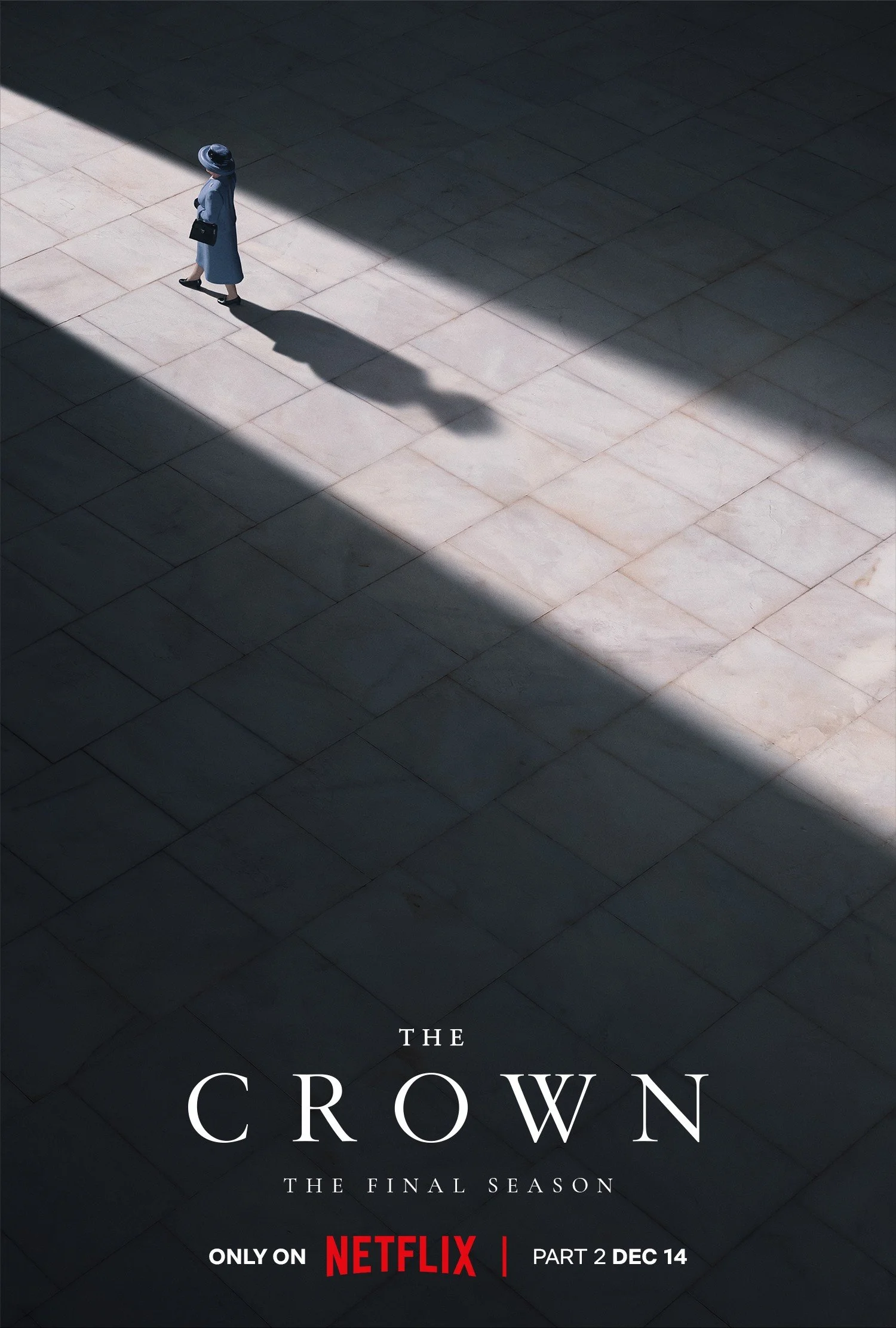 Promotional poster for the final season of the Netflix series 'The Crown' showing a woman walking in shadow with text about the series' release date.