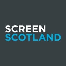 Logo for Screen Scotland with white and blue text on a dark background.