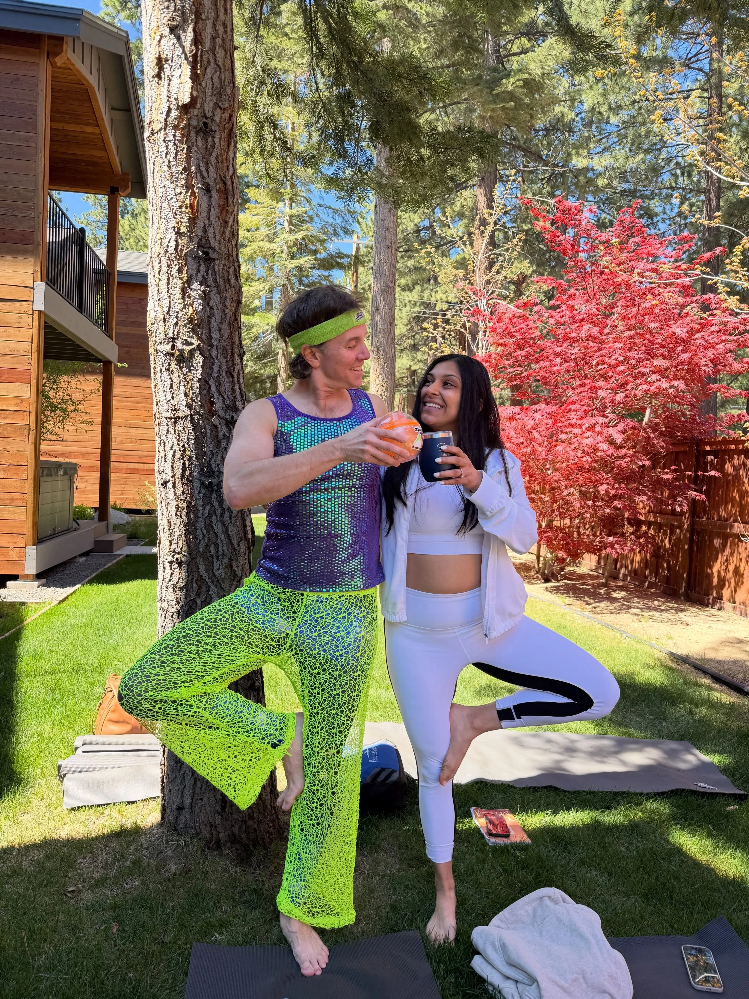Sachi found her lobster! 🦞 And lobster goes best with champagne. 🥂 

Exactly 10 hours after setting foot back in Tahoe after my around the world trip hiatus, I was back in neon fishnets and back on the mat celebrating Sochi and Rahul. Swami Mosa Yo