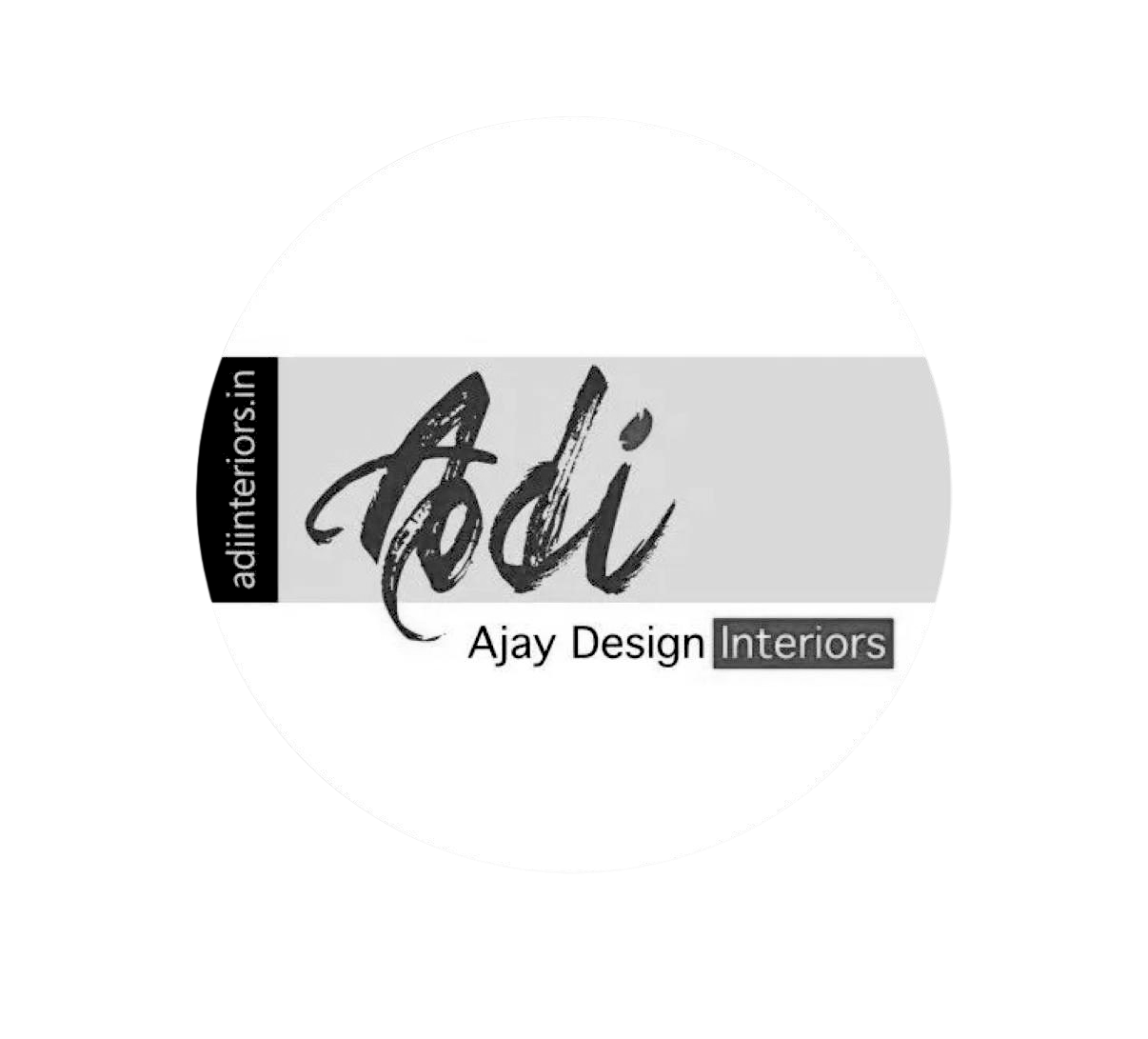 Logo for Adi Interiors, designed by Ajay Design, featuring stylized cursive 'Adi' and text 'Interiors' in a black box.