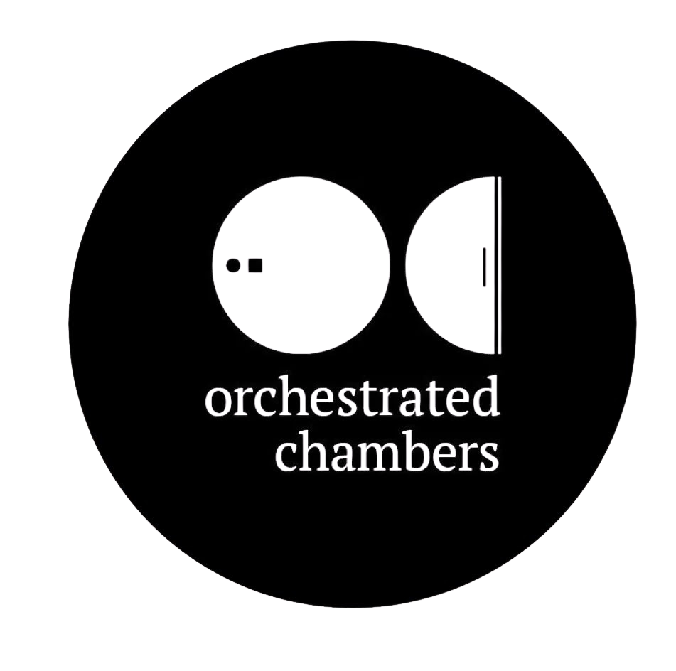 Minimalist black and white logo with a vinyl record, a speaker, and the text 'orchestrated chambers' underneath.