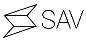 Black logo with a stylized geometric arrow and the word 'SAV' in black text.