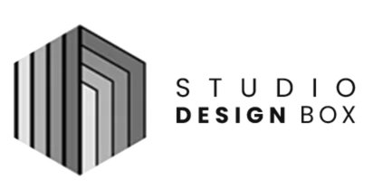 Logo for Studio Design Box with a 3D cubic shape and black text