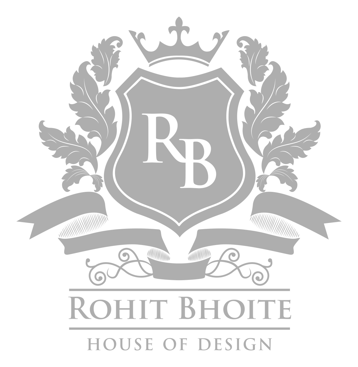 A black and gray emblem featuring a crown, a shield with the initials R B, surrounded by decorative leaves and scrolls. Below the emblem, the text reads "Rohit Bhoite" and "House of Design."