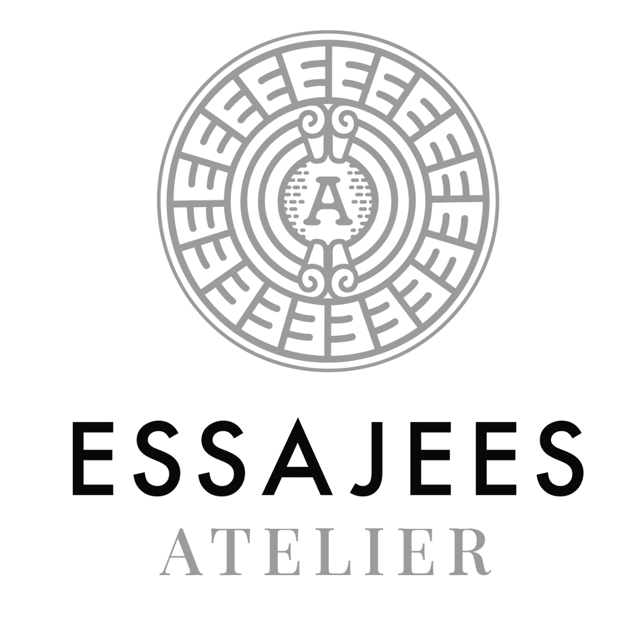 Black background with a circular logo at the top featuring the letters 'A' in the center, surrounded by intricate design patterns. Below the logo, the words 'ESSAJES' in black and 'ATELIER' in gray are displayed.
