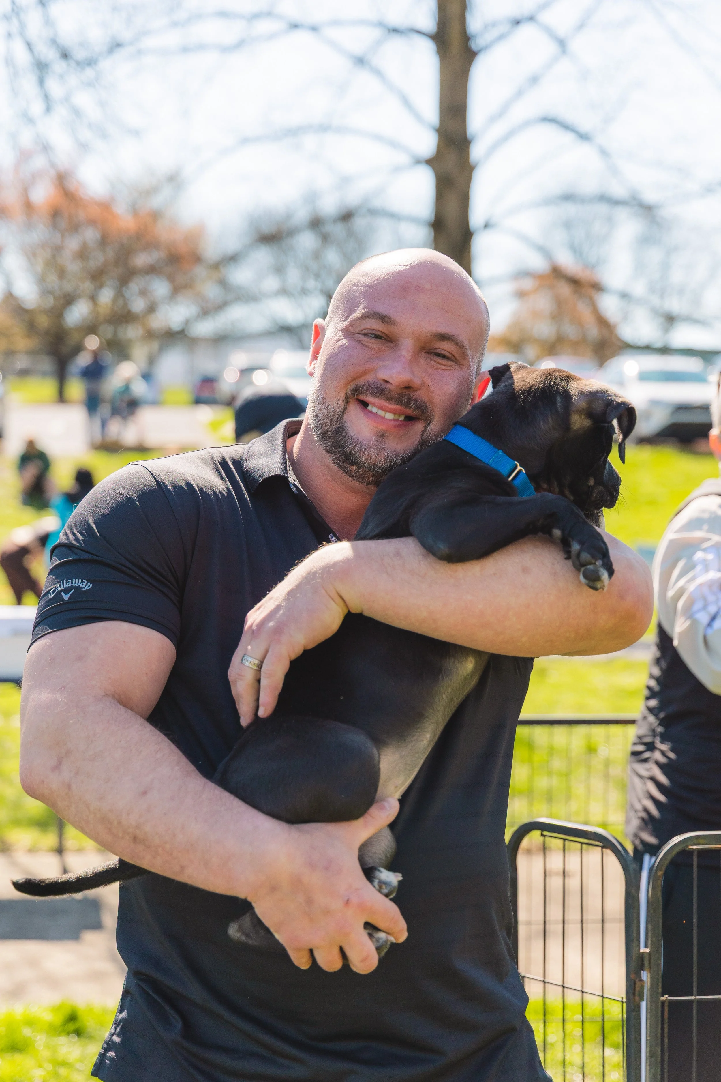 A man holding a black puppy outdoors on a sunny day, with trees and people in the background.