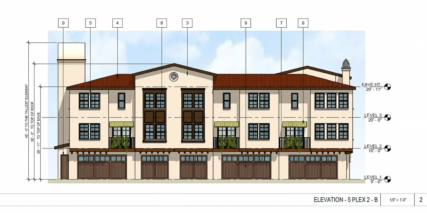 Architectural drawing of a multi-story residential building elevation with labeled dimensions, windows, balconies, and roof details.
