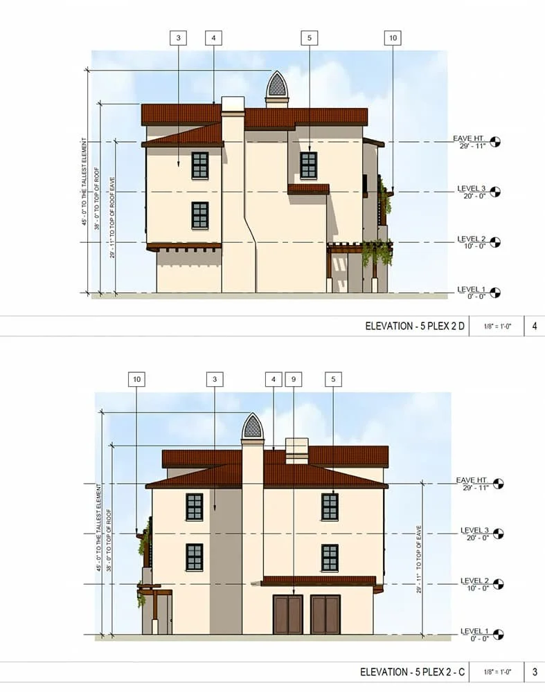 Architectural elevation drawings of a three-story residential building, showing front and rear views with dimensions and details of roof, windows, doors, and balconies.