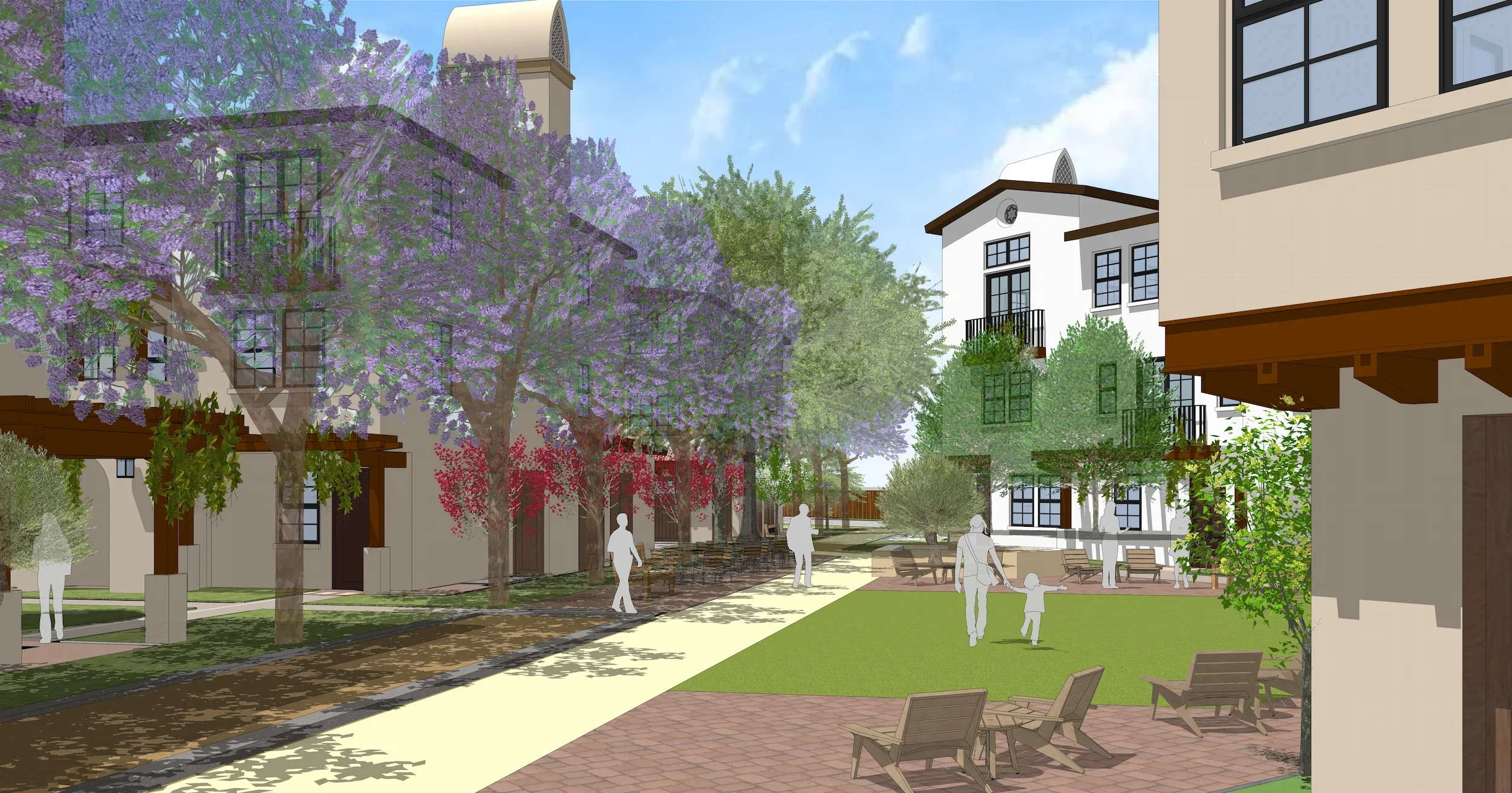 A digital rendering of a neighborhood courtyard with trees, benches, and modern buildings. People are walking and children are playing on the grass.