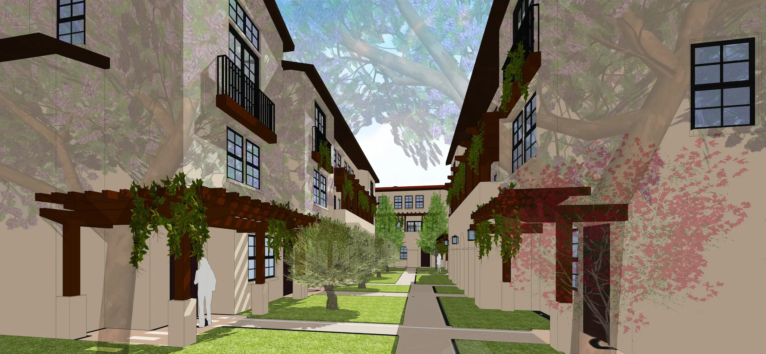 A digital rendering of a residential courtyard with green grass, trees, and pathway between two rows of beige apartment buildings with black windows and balconies. Overhead pergolas with hanging plants are visible, along with a large tree with red le