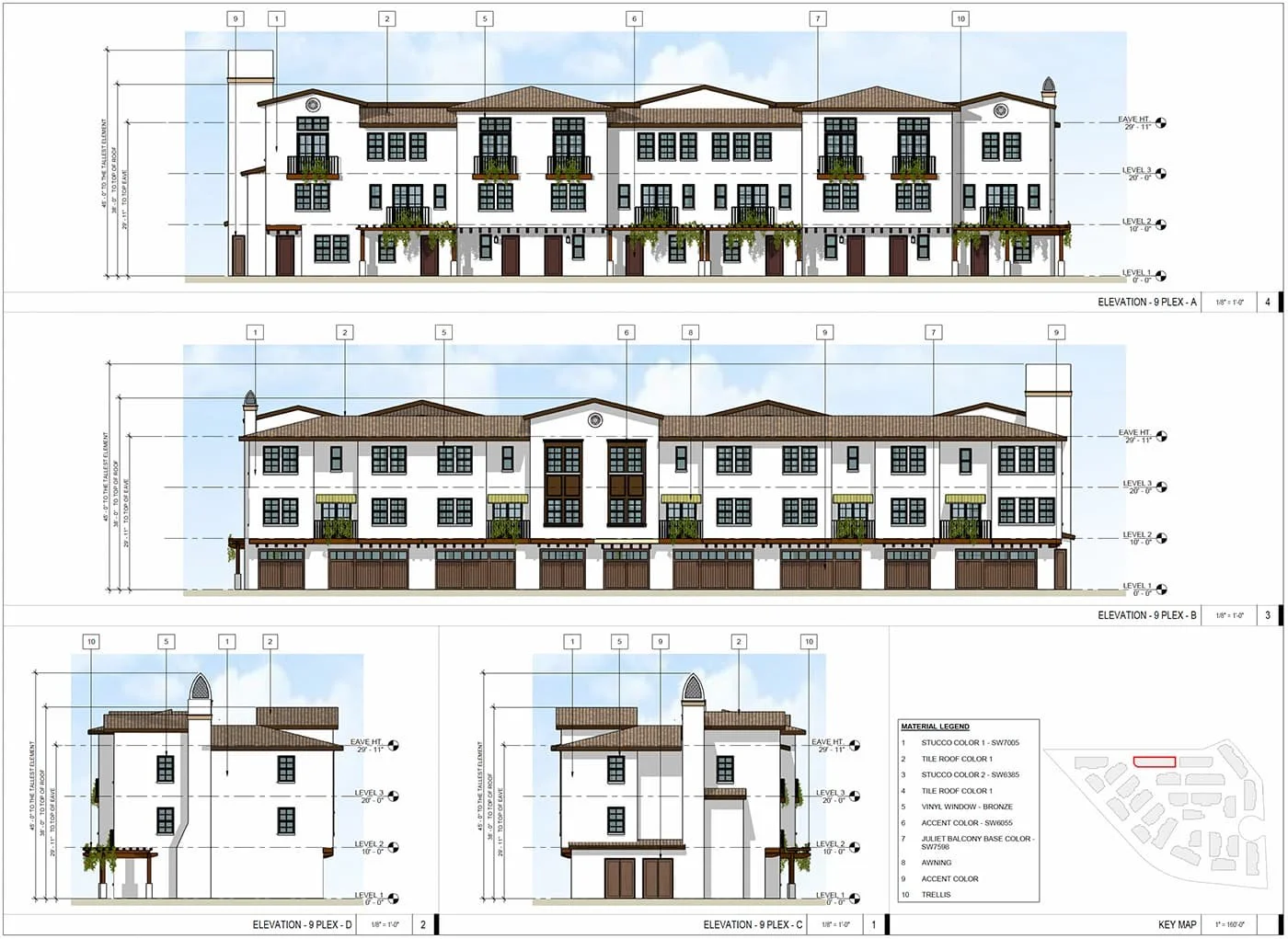 Architectural blueprint of a multi-story residential building, showing front and side elevations with labeled measurements, window and door placements, balcony details, roofing, and building materials.