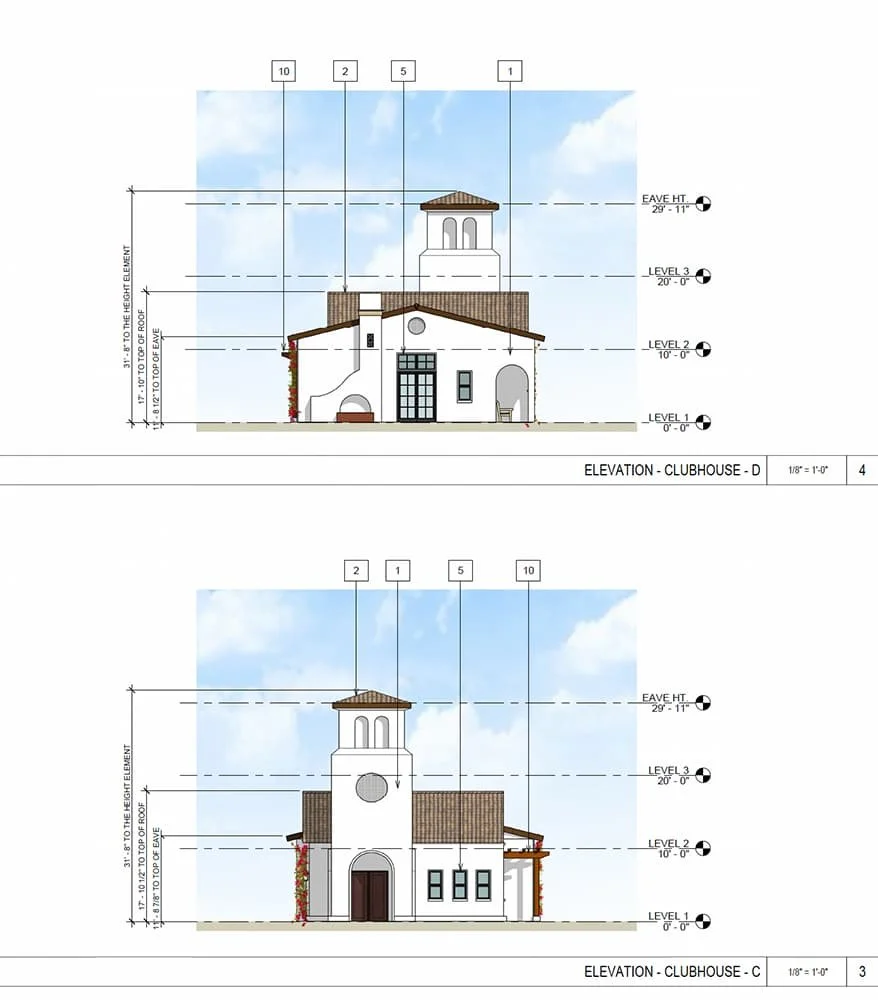 Architectural elevation drawings of a clubhouse building labeled as 'Elevation - Clubhouse - D' and 'Elevation - Clubhouse - C' with structural details, roof, tower, and door designs.