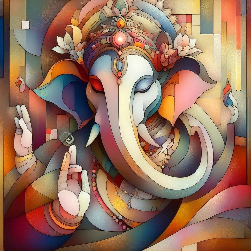 An abstract, colorful painting of Lord Ganesha, a Hindu deity with an elephant head, composed of flowing shapes and intricate details.