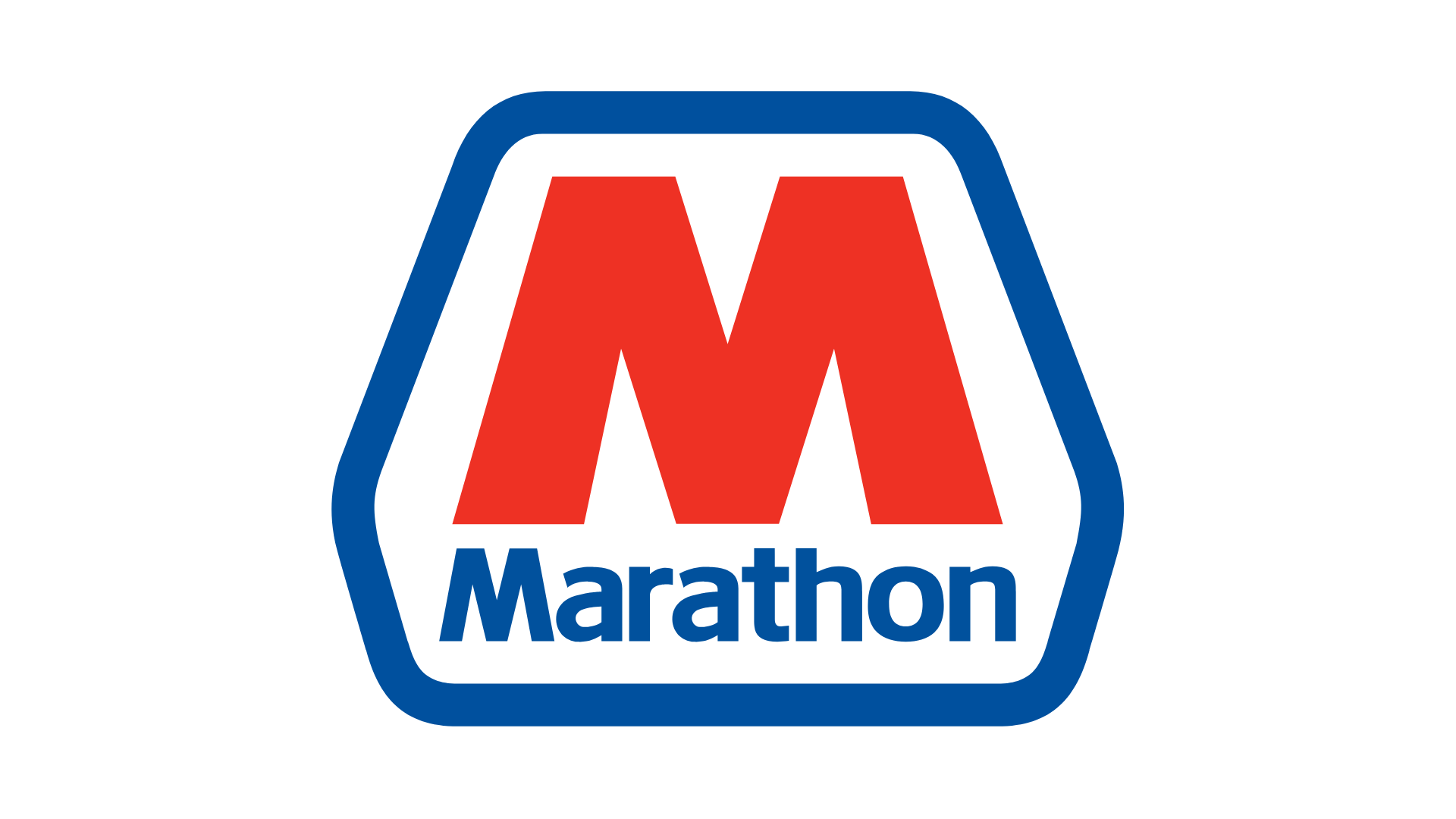Marathon logo featuring a large red letter M with a white outline and a blue border, with the word 'Marathon' written underneath in blue text.