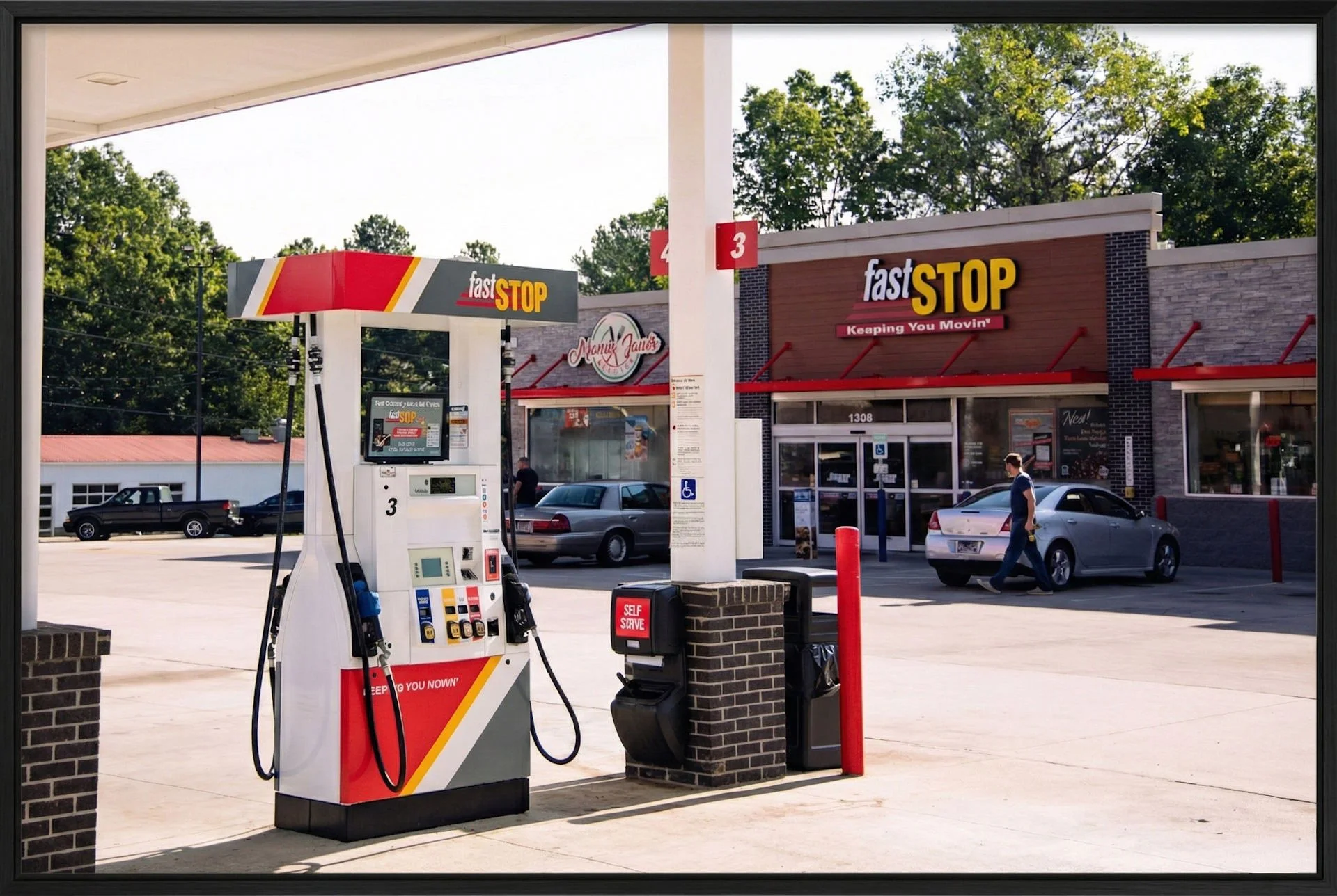 Gas station with a pump in the foreground, a convenience store named 'Fast Stop' in the background, and a person walking past a silver car. The station features branding with red, yellow, and gray colors.