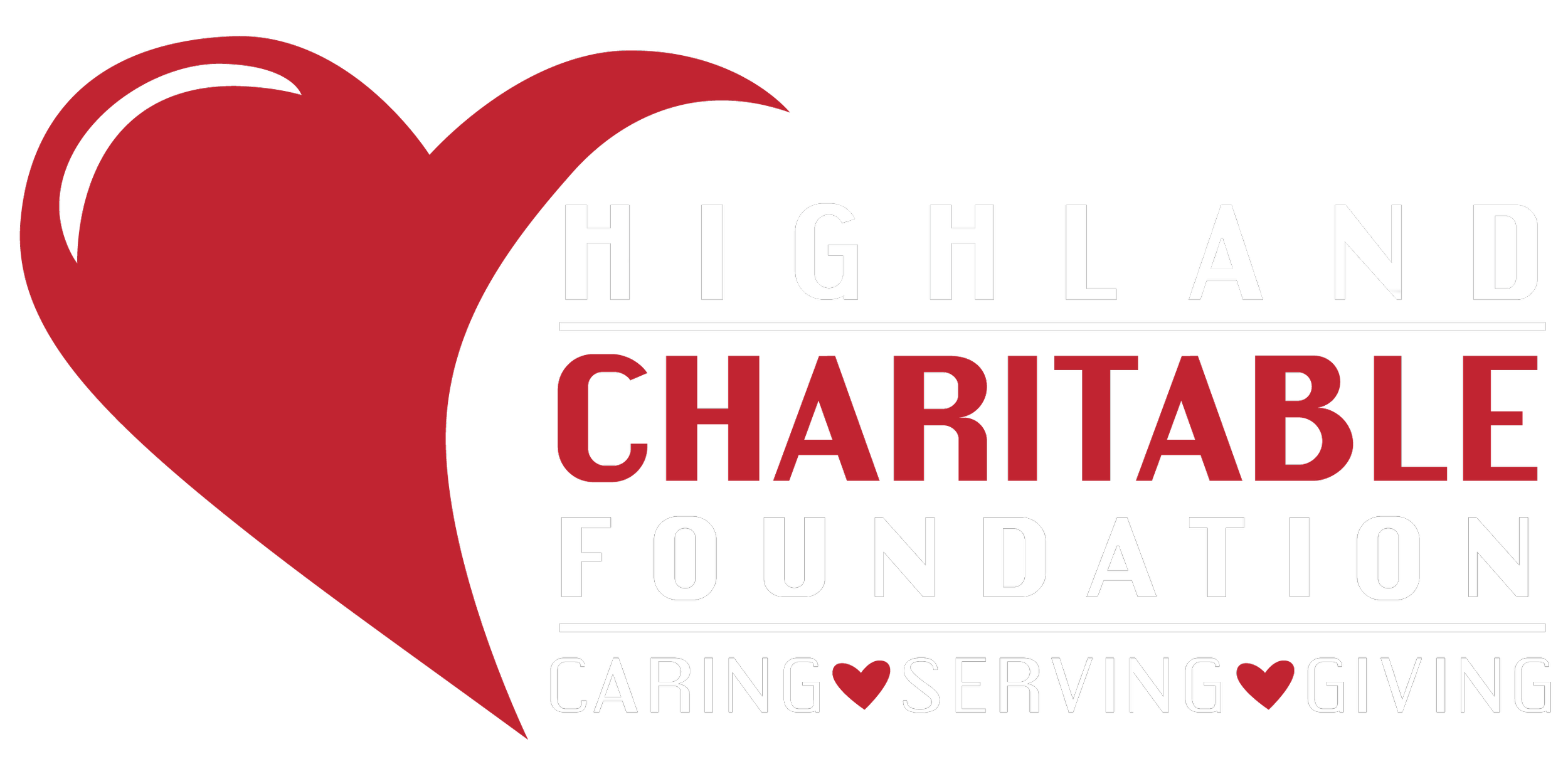 Logo for Highland Charitable Foundation featuring a large red heart on the left, and black and white text on the right that reads 'Highland Charitable Foundation' with the tagline 'Caring Serving Giving' accompanied by small red hearts.